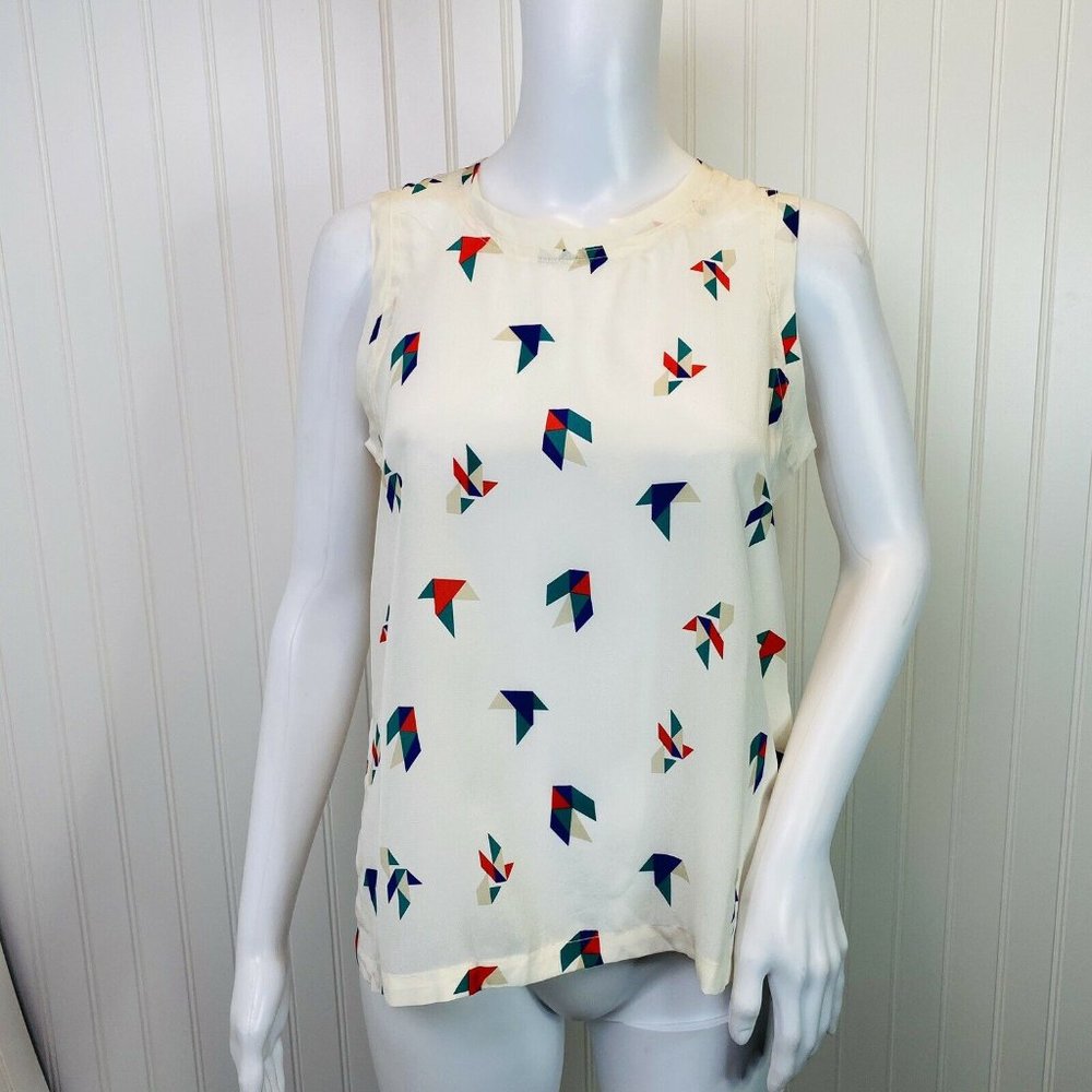 Club Monaco Silk Top Cream Multi Print Sleeveless